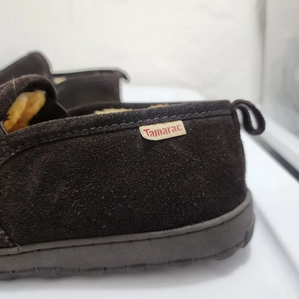 Tamarac Cody Shearling Moccasin Slippers Brown Suede Leather Lambswool Mens 11M